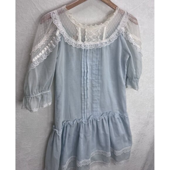 Vintage Gunne Sax By Jessica Juniors Size 5 Blue With Ivory Lace Dress - Picture 3 of 12